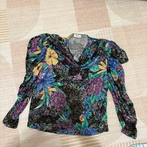 Vintage 1980s Black Multicolored floral Shimmery Groovy Puff Sleeve Ruched Top